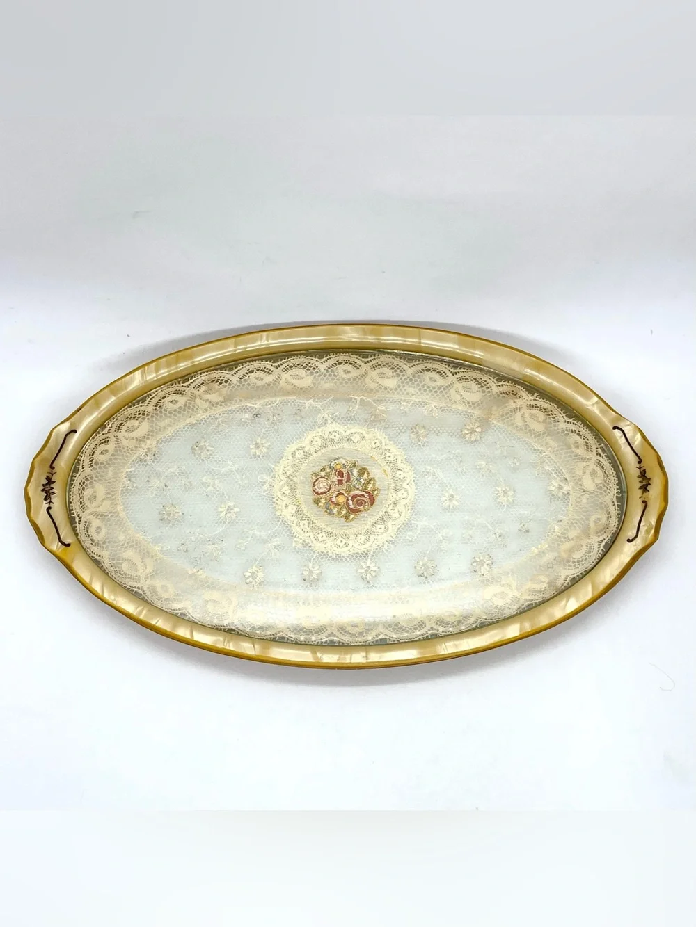 Vintage Lucite Vanity Tray with Lace & Embroidered Roses Butterscotch Oval